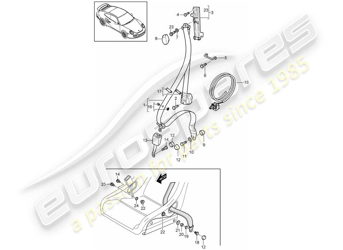 porsche 911 t/gt2rs (2012) diagrama de piezas del cinturón de seguridad