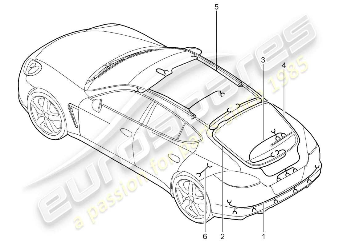 porsche 2012 (panamera 970) mazos de cables, alerón trasero, moldura de techo, tapa trasera, sistema de frenos antibloqueo -abs-, indicador de desgaste de pastillas de freno, diagrama de piezas del eje trasero
