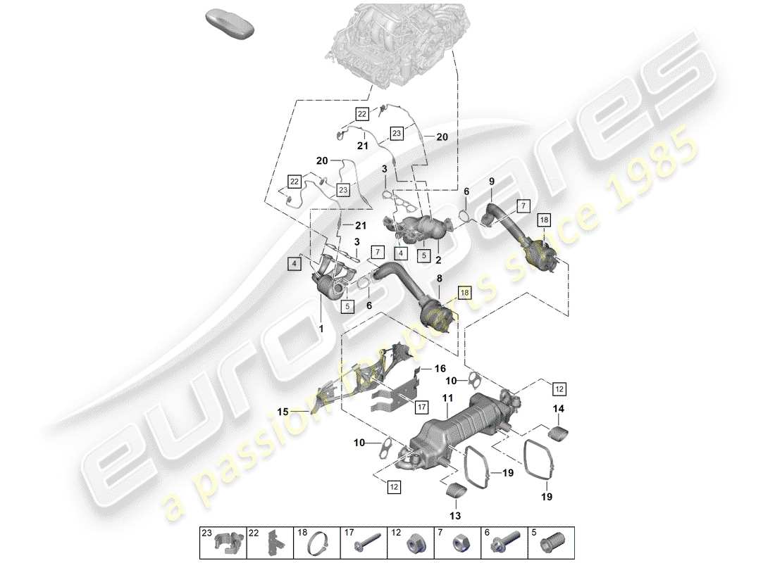porsche 2020 (718 boxster spyder) diagrama de piezas del sistema de escape