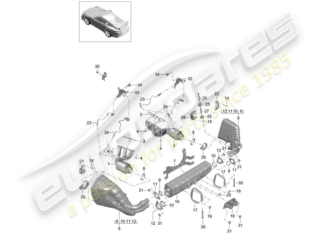 porsche 2014 (991-1 r/gt3/rs) diagrama de piezas del sistema de escape