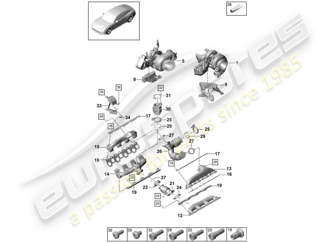 porsche 2018 (panamera 971-1) turbocompresor de gases de escape diagrama de piezas