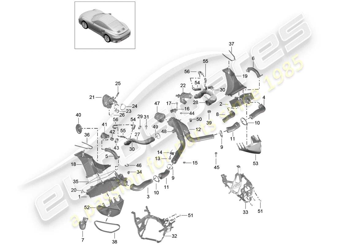 porsche 2020 (991-2 turbo) conducto de aire para carga diagrama de piezas