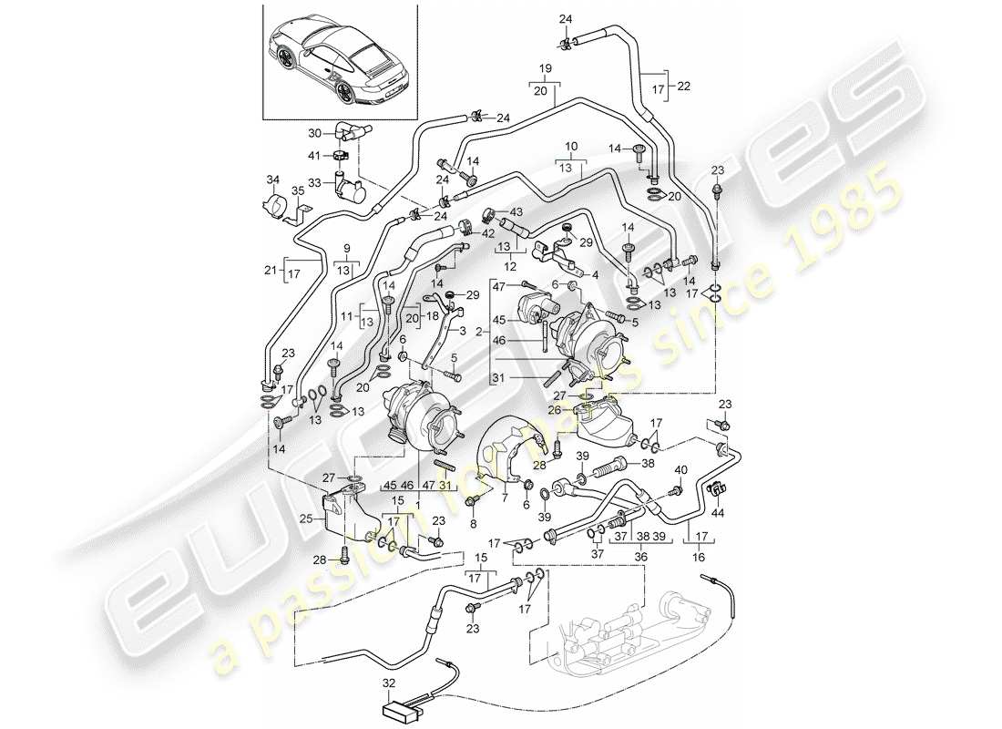 porsche 2011 (997-2 turbo / gt2 rs) turbocompresor de gases de escape diagrama de piezas