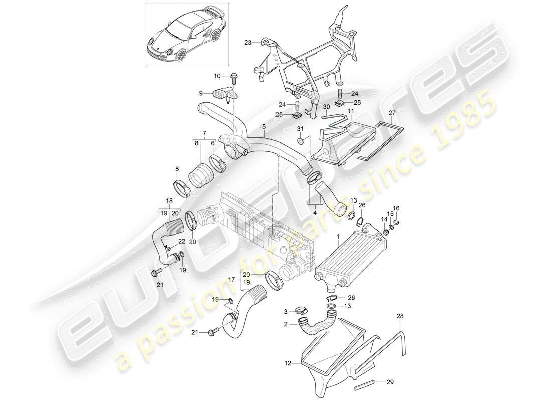 porsche 911 t/gt2rs (2012) diagrama de piezas de turbocompresor