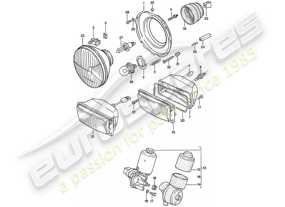 porsche 1983 (944) faro delantero - motor eléctrico - faro emergente diagrama de piezas