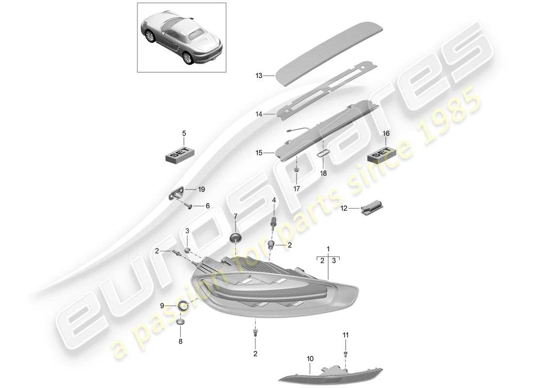 porsche 718 boxster (2019) diagrama de piezas de la luz trasera