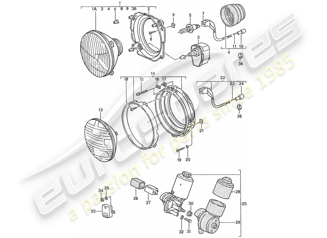 porsche 1990 (944) faro delantero - motor eléctrico - faro emergente diagrama de piezas