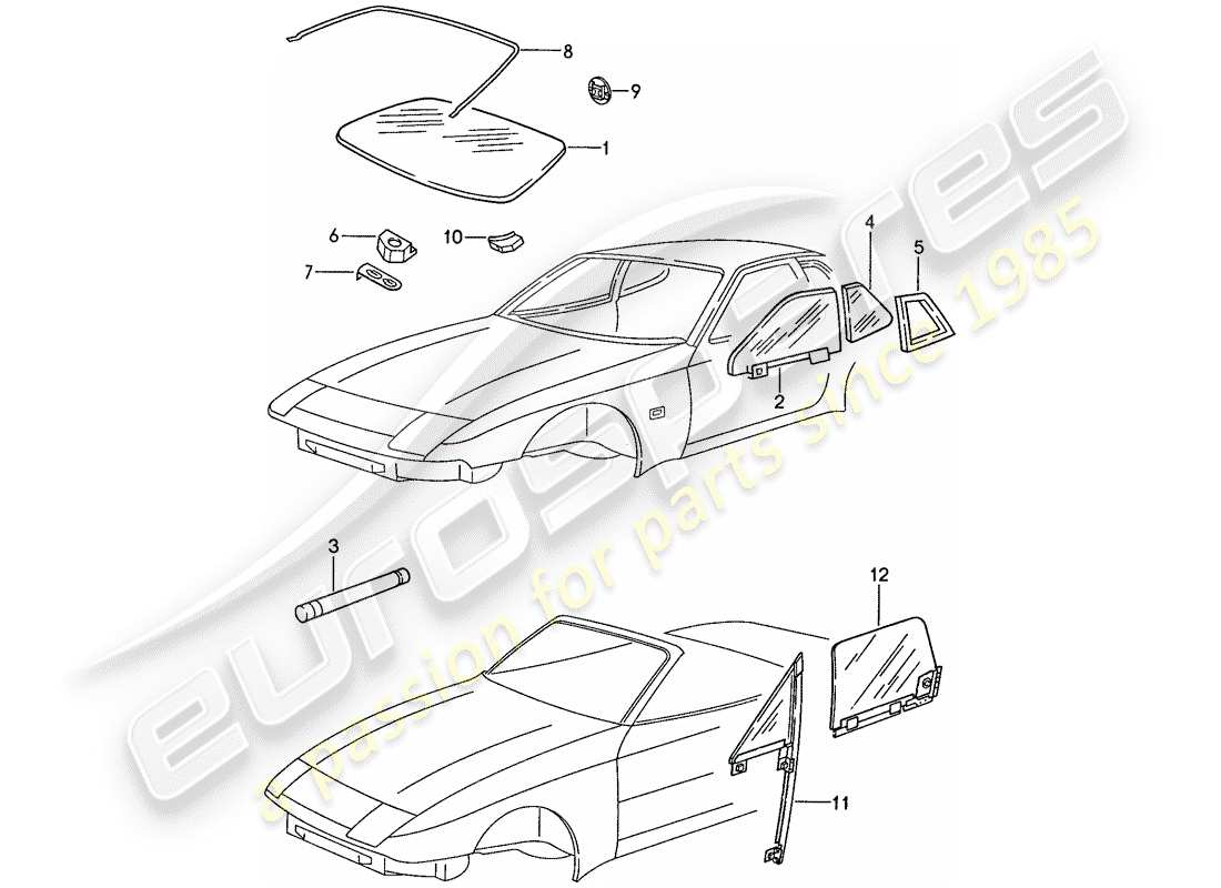 porsche 1990 (944) acristalamiento de ventanas diagrama de piezas