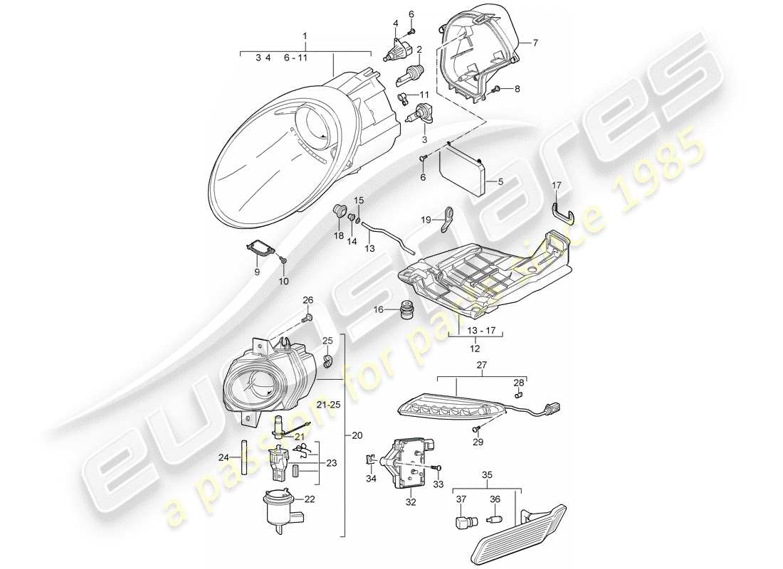 porsche 2009 997-2 turbo / gt2 diagrama de piezas del faro