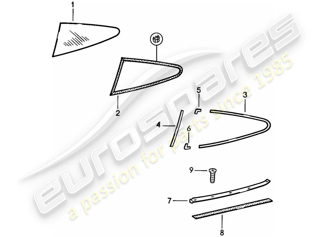 porsche 1984 (911) acristalamiento de ventanas - ventana lateral diagrama de piezas