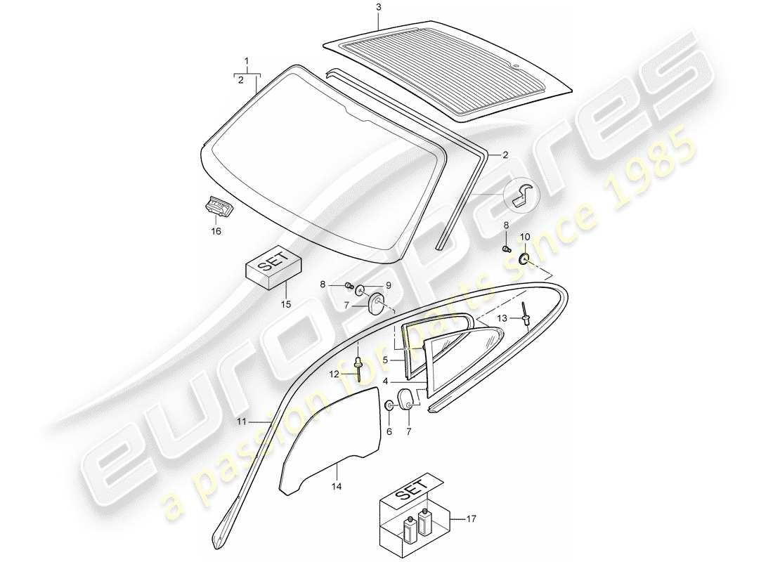 porsche 2009 997-2 turbo / gt2 diagrama de piezas de ventanas