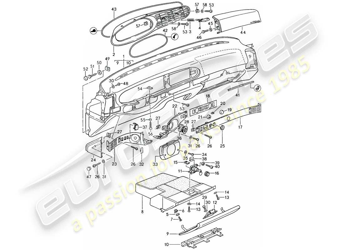 porsche 1990 (944) moldura del panel de instrumentos diagrama de piezas