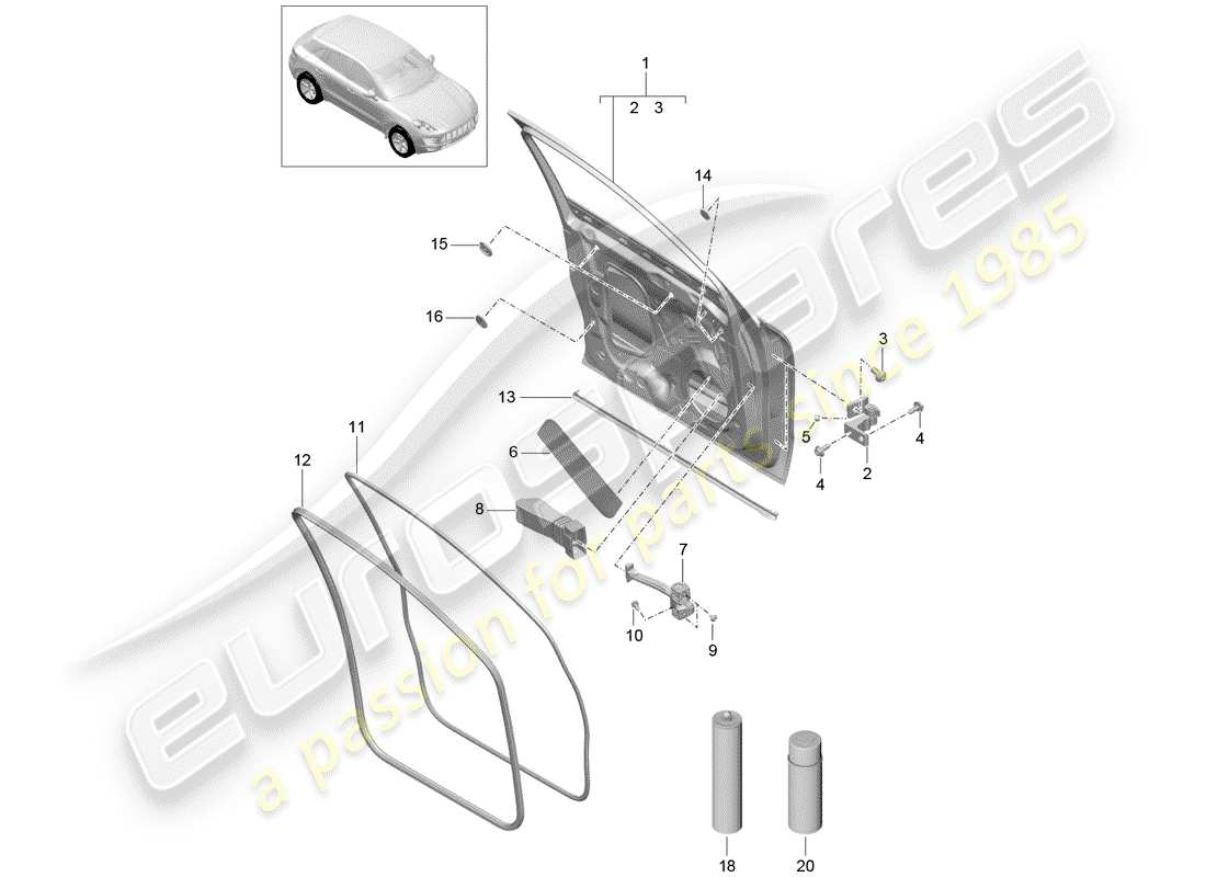 porsche macan (2018) diagrama de piezas de la carcasa de la puerta