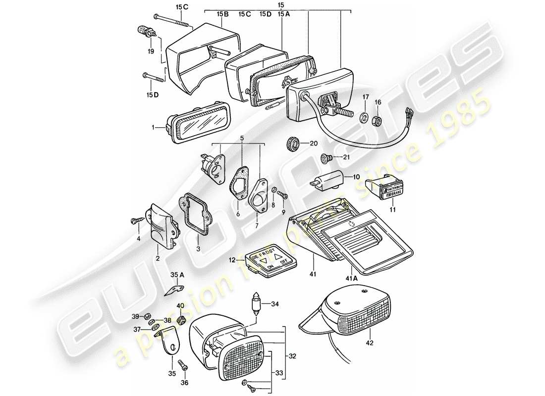 porsche 1985 (911) luz interior - luces antiniebla - luces diagrama de piezas