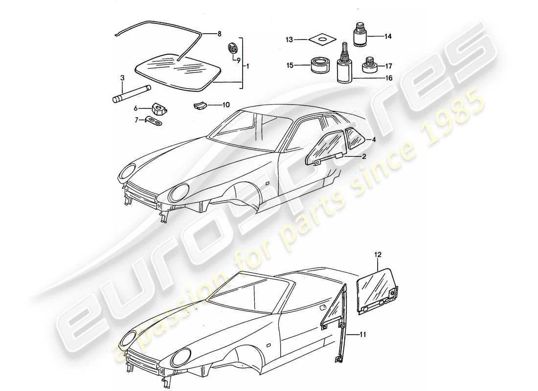 porsche 1993 (968) acristalamiento de ventanas diagrama de piezas