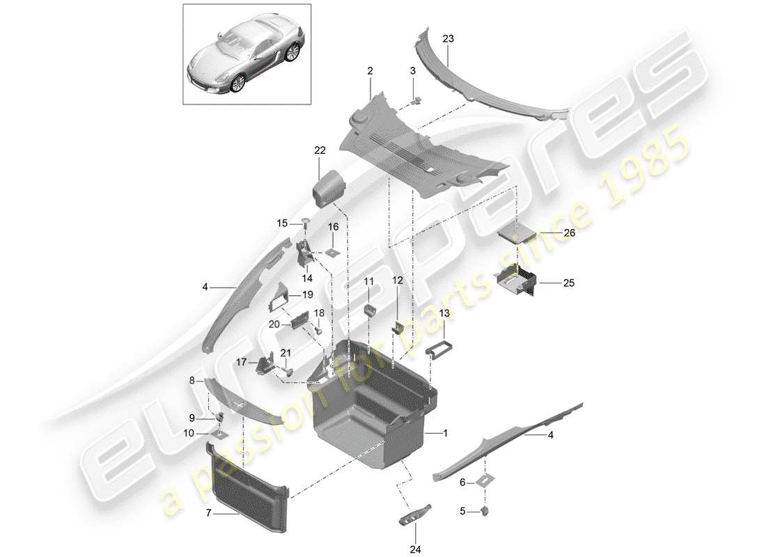 porsche 2013 (981 boxster) diagrama de piezas del compartimiento de equipaje
