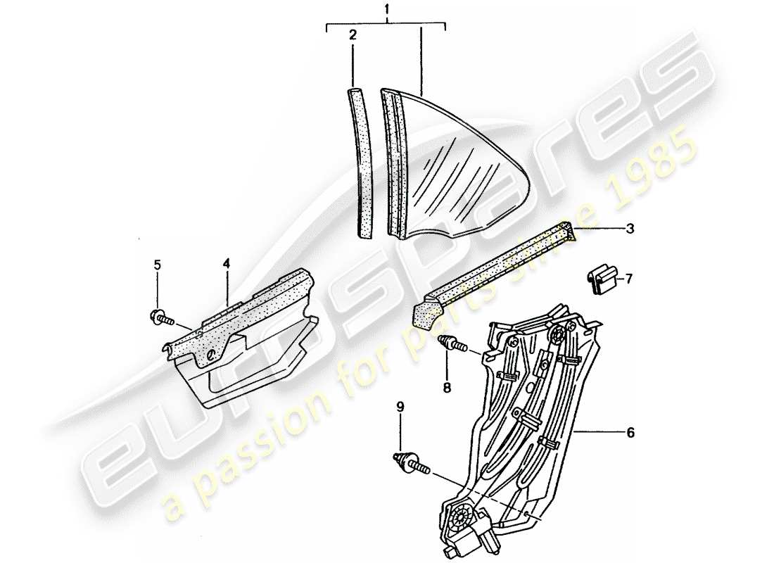 porsche 2001 (996) ventana lateral diagrama de piezas