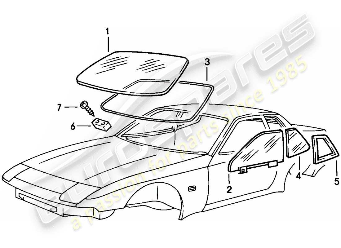 porsche 1982 (944) acristalamiento de ventanas diagrama de piezas