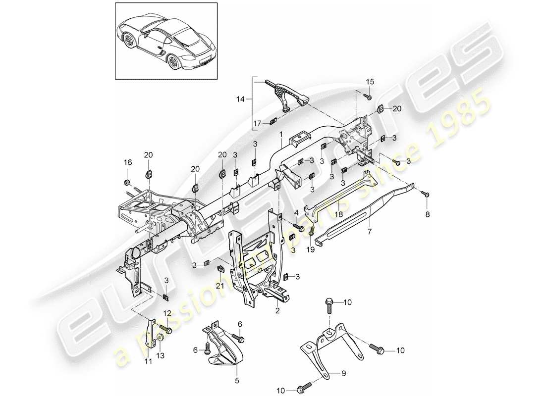 porsche 2012 (987 cayman) diagrama de piezas del marco de retención