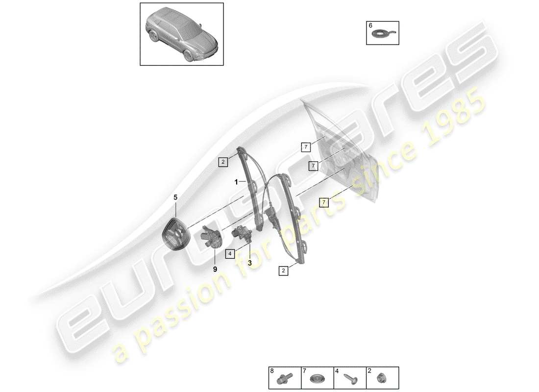 porsche 2020 (cayenne e3 9ya/9yb) regulador de ventana diagrama de piezas