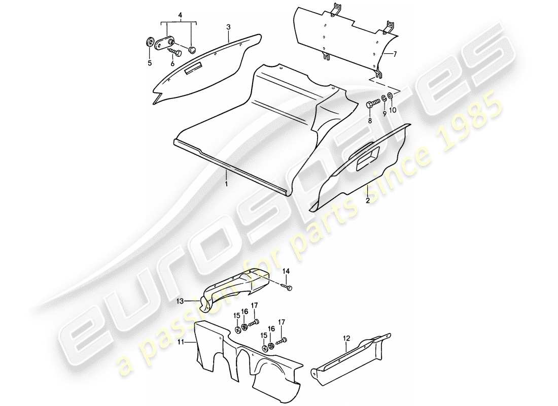 porsche 1987 (911) modelo especial - diseño de punta plana - equipamiento interior - maletero delantero esquema de piezas