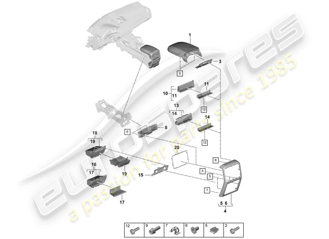 porsche 2020 (cayenne e3 9ya/9yb) diagrama de piezas de la consola central