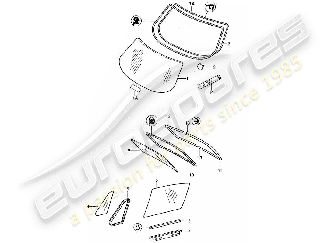 porsche 1987 (959) acristalamiento de ventanas diagrama de piezas