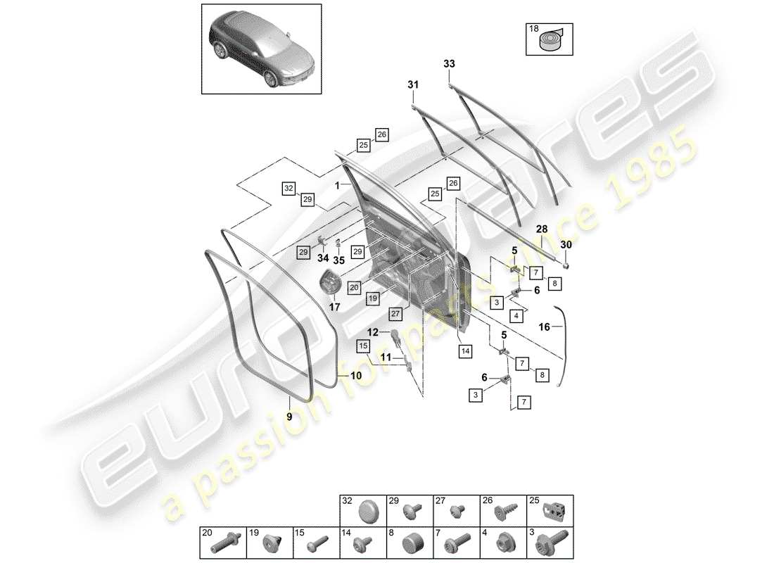 porsche 2020 (cayenne e3 9ya/9yb) diagrama de piezas de la carcasa de la puerta