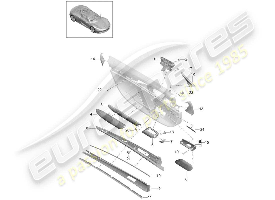 porsche 2015 (918 spyder) diagrama de piezas del panel de puerta