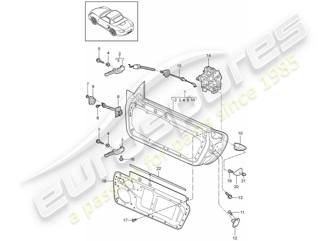 porsche 2012 (987 boxster) diagrama de piezas de la carcasa de la puerta