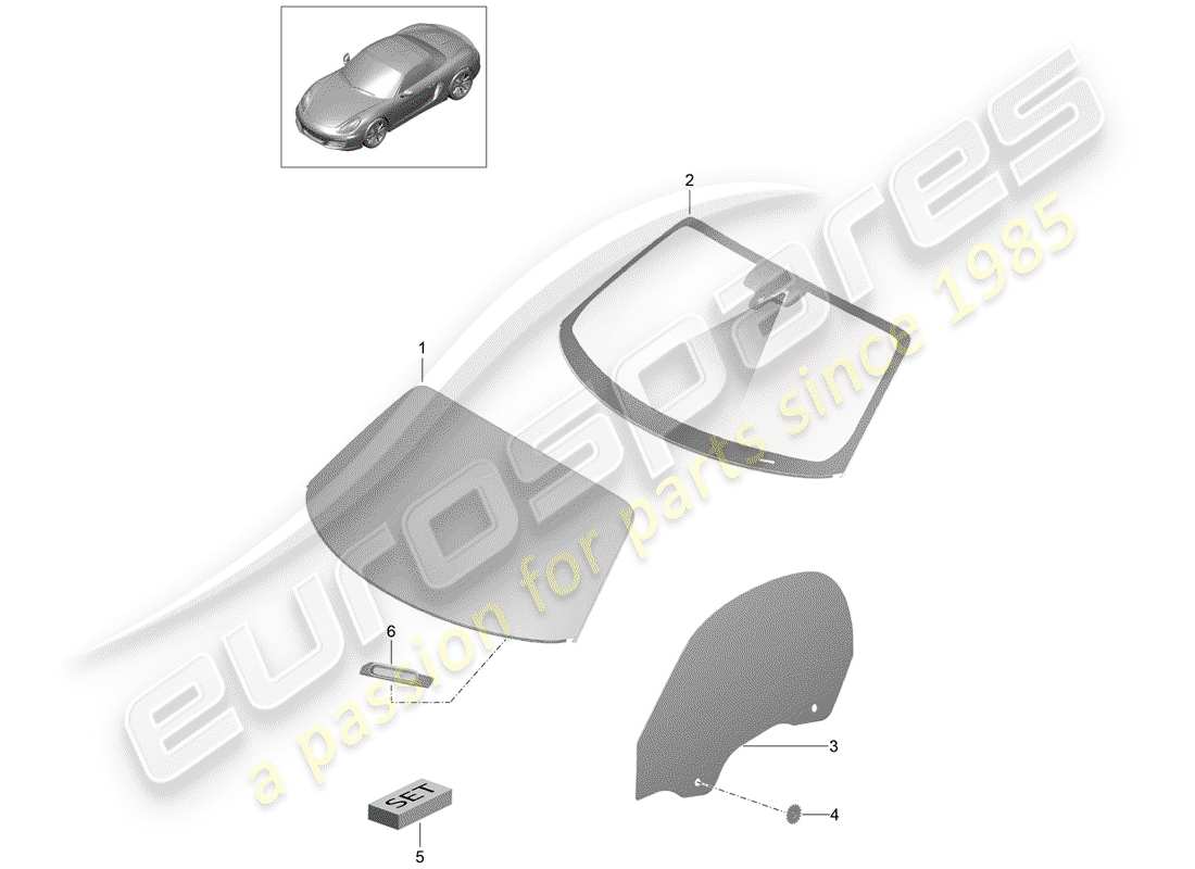 porsche 2014 (981 boxster) acristalamiento de ventanas diagrama de piezas