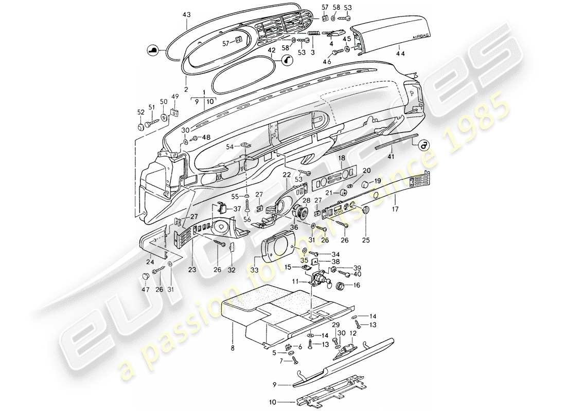 porsche 1994 (968) moldura del panel de instrumentos diagrama de piezas