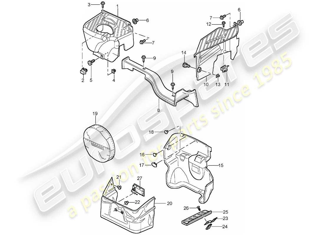 porsche 2004 (996 gt3) compartimiento de equipaje diagrama de piezas