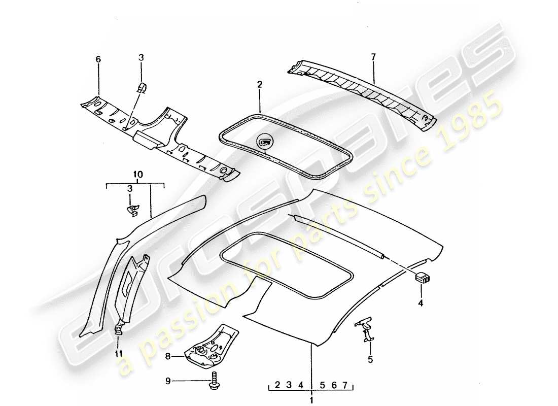 porsche 2000 (996) panel de adorno de techo - pilar a diagrama de piezas