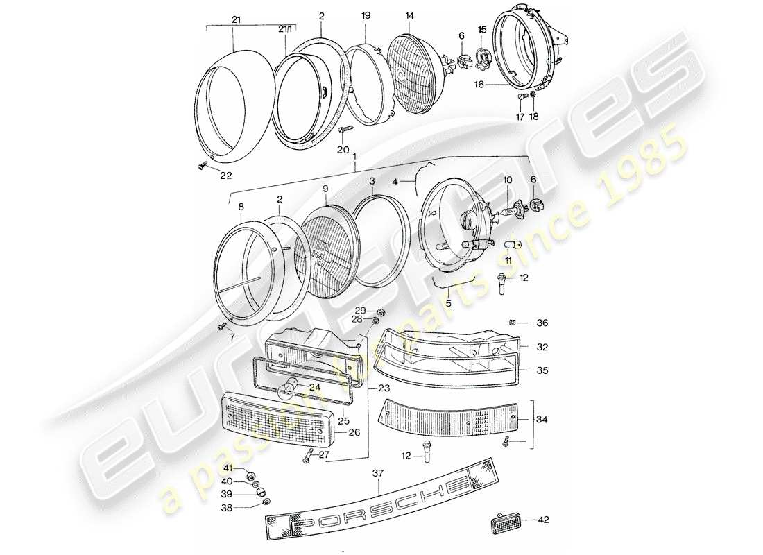 porsche 1977 (911 turbo) faro - iluminación diagrama de piezas