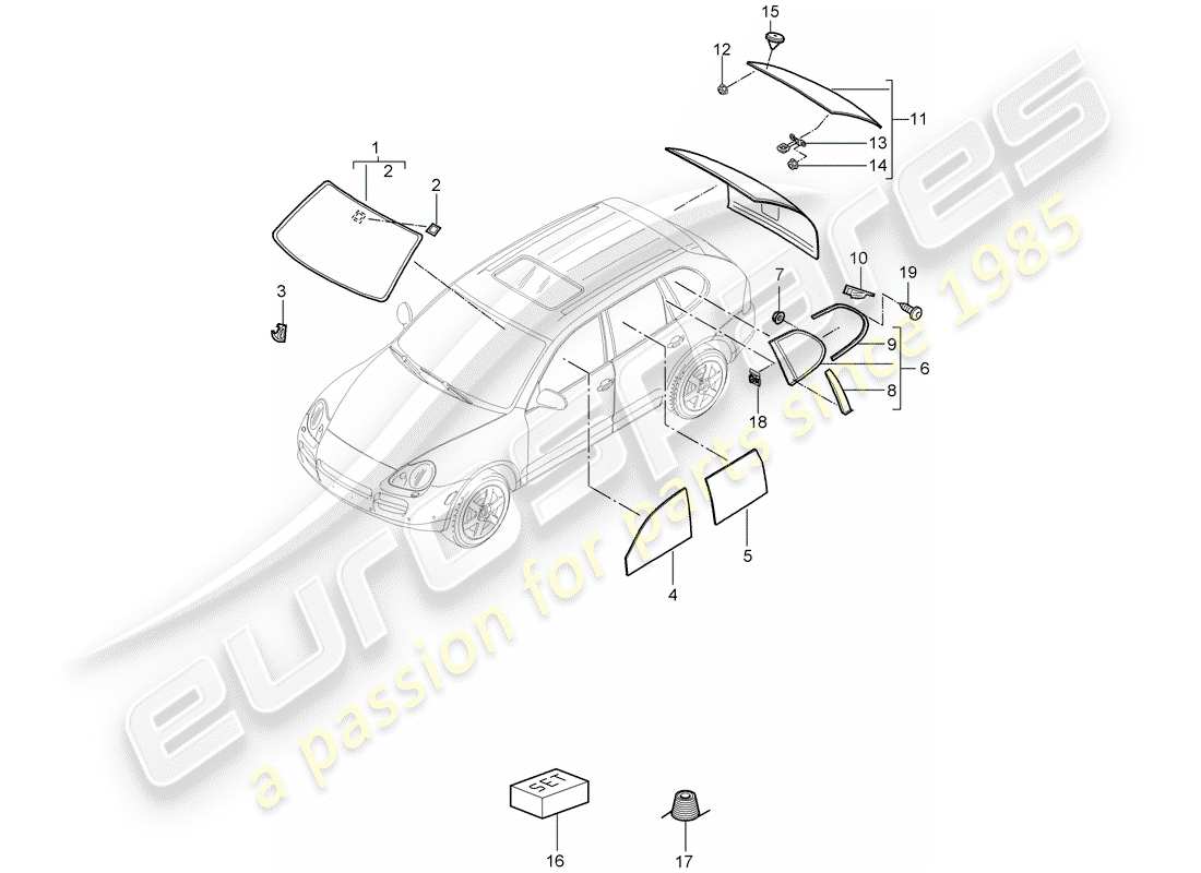 porsche 2010 (cayenne e1 9pa) acristalamiento de ventanas diagrama de piezas