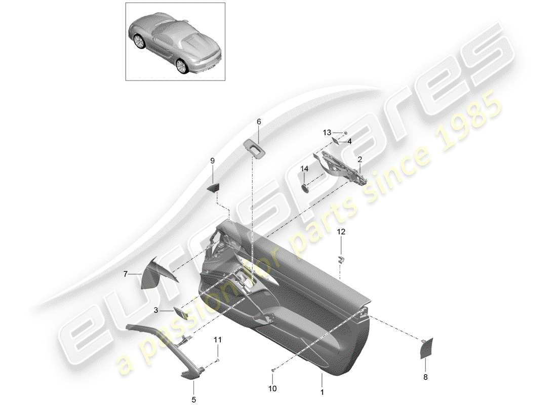 porsche 2016 (981 boxster spyder) diagrama de piezas del panel de puerta