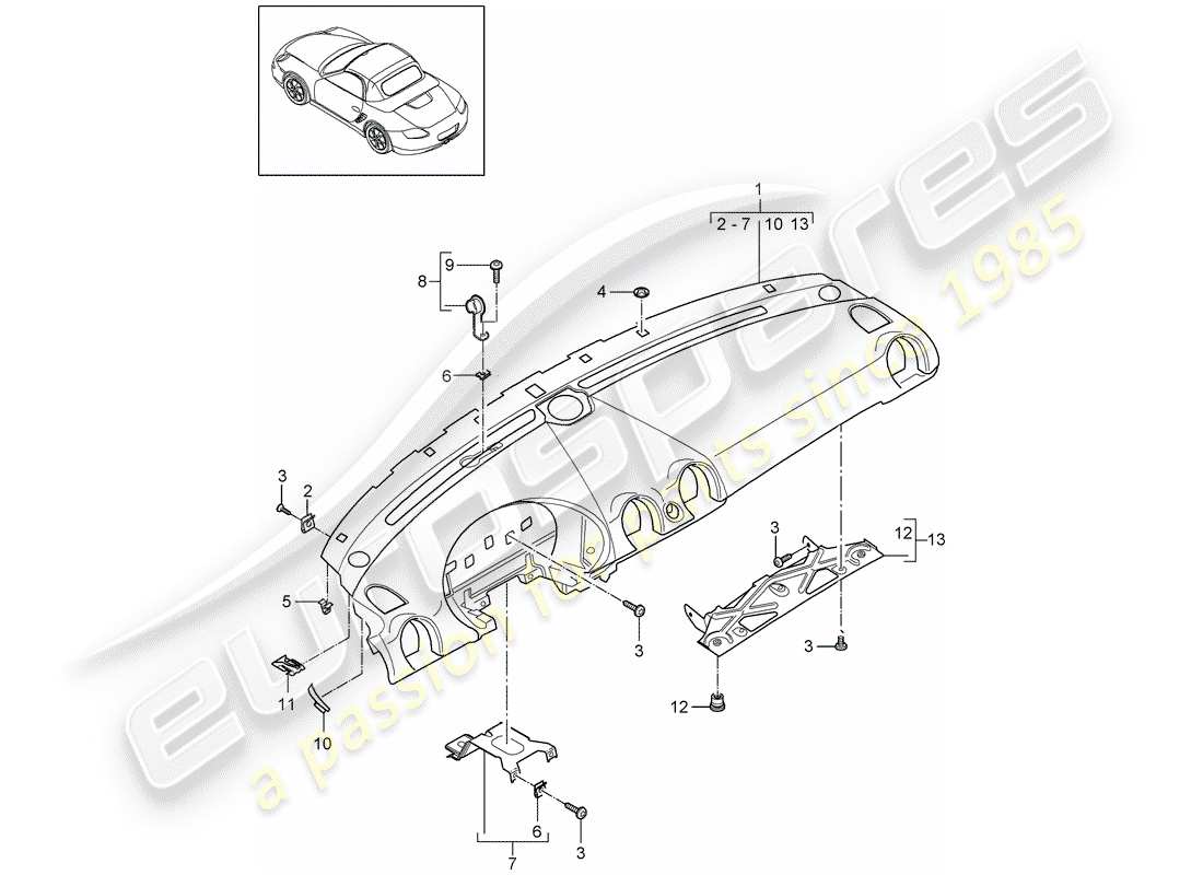 porsche 2012 (987 boxster) moldura del panel de instrumentos diagrama de piezas