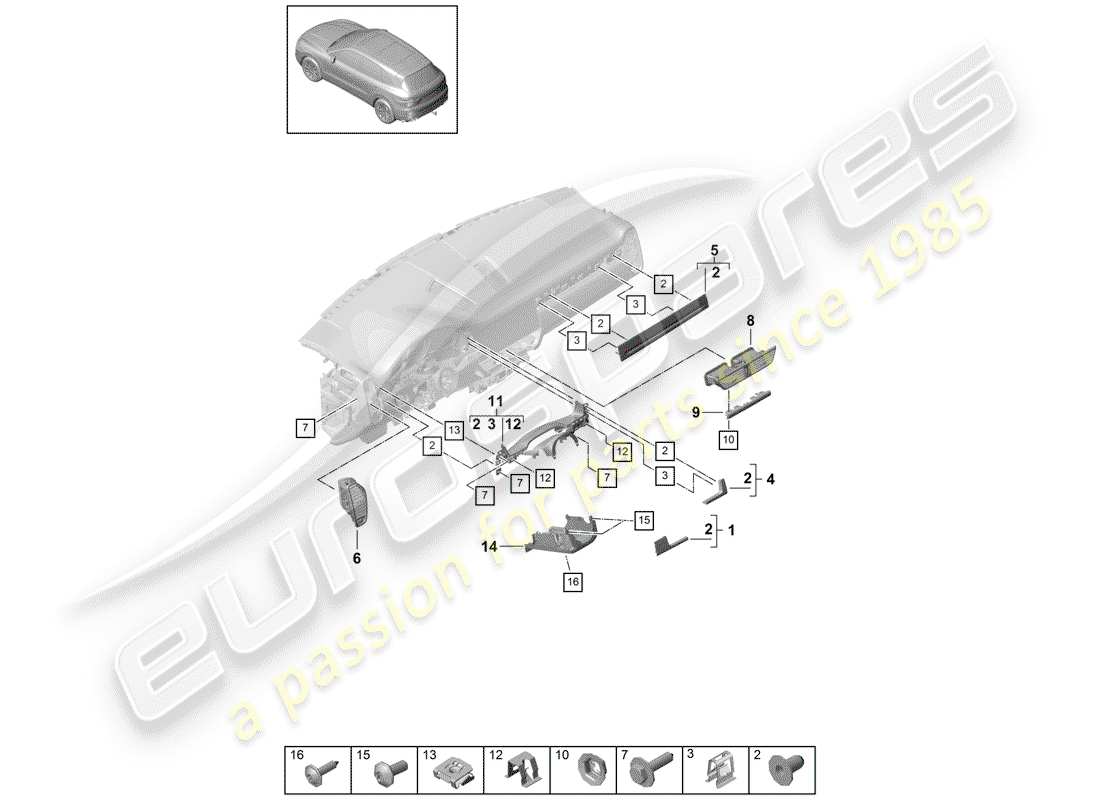 porsche 2020 (cayenne e3 9ya/9yb) diagrama de piezas del embellecedor del panel de instrumentos