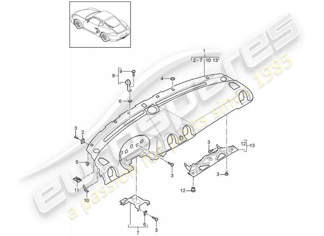 porsche 2007 (987 cayman) diagrama de piezas del embellecedor del panel de instrumentos