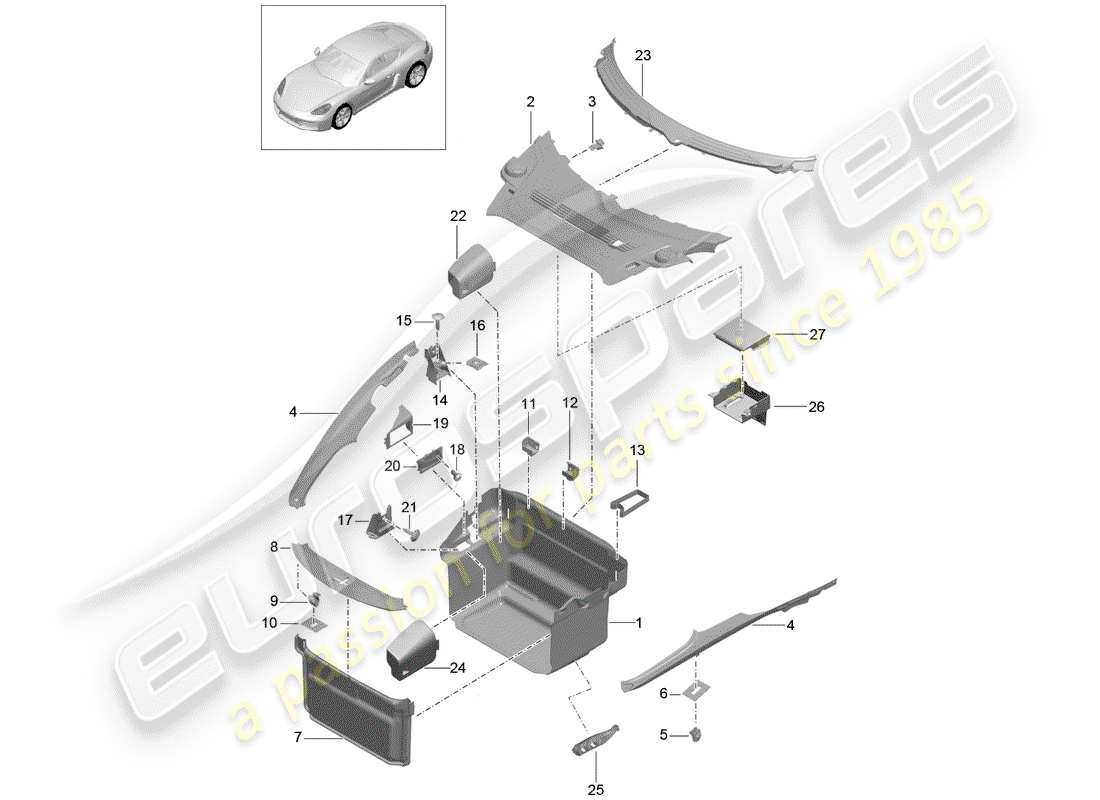 porsche 2019 (718 cayman) forro de bota diagrama de piezas