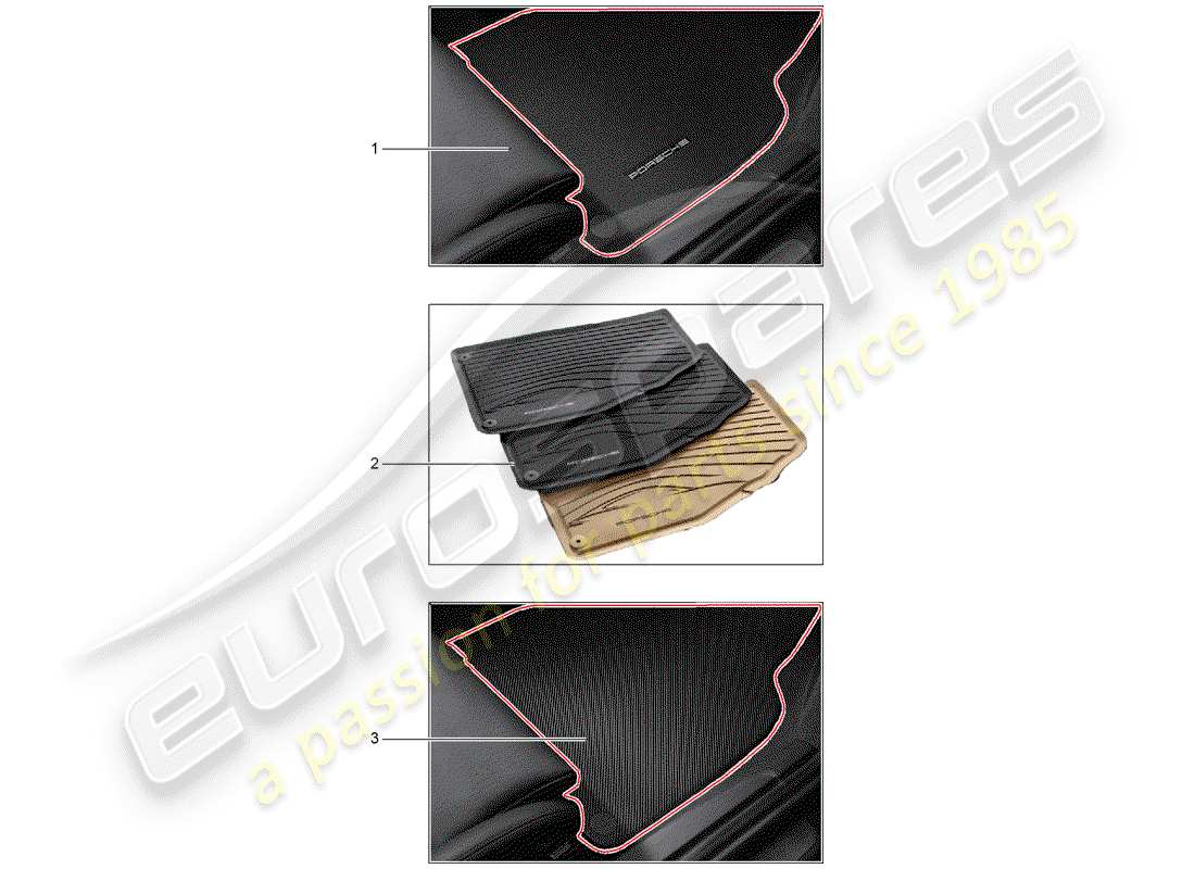 porsche 2019 (tequipment 98x/99x) 1 diagrama de piezas del juego de alfombras (textil)