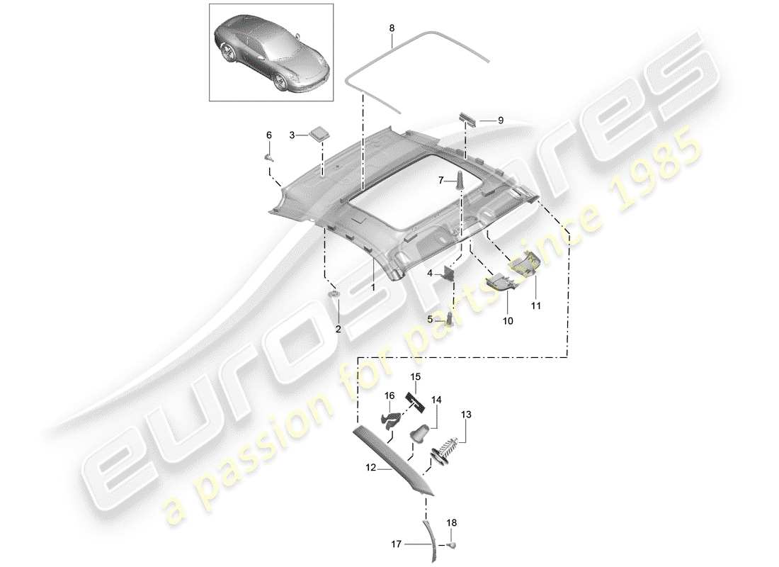 porsche 2014 (991-1) diagrama de piezas del panel de acabado del techo