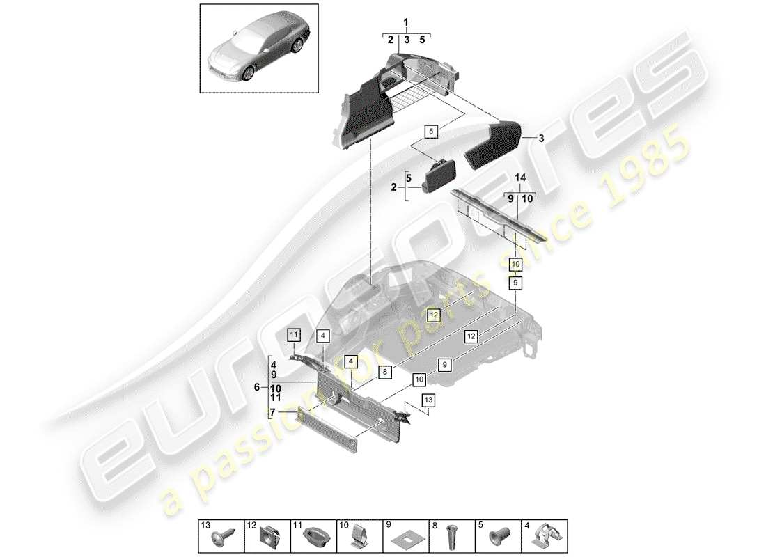 porsche 2017 (panamera 971-1) forro de bota diagrama de piezas
