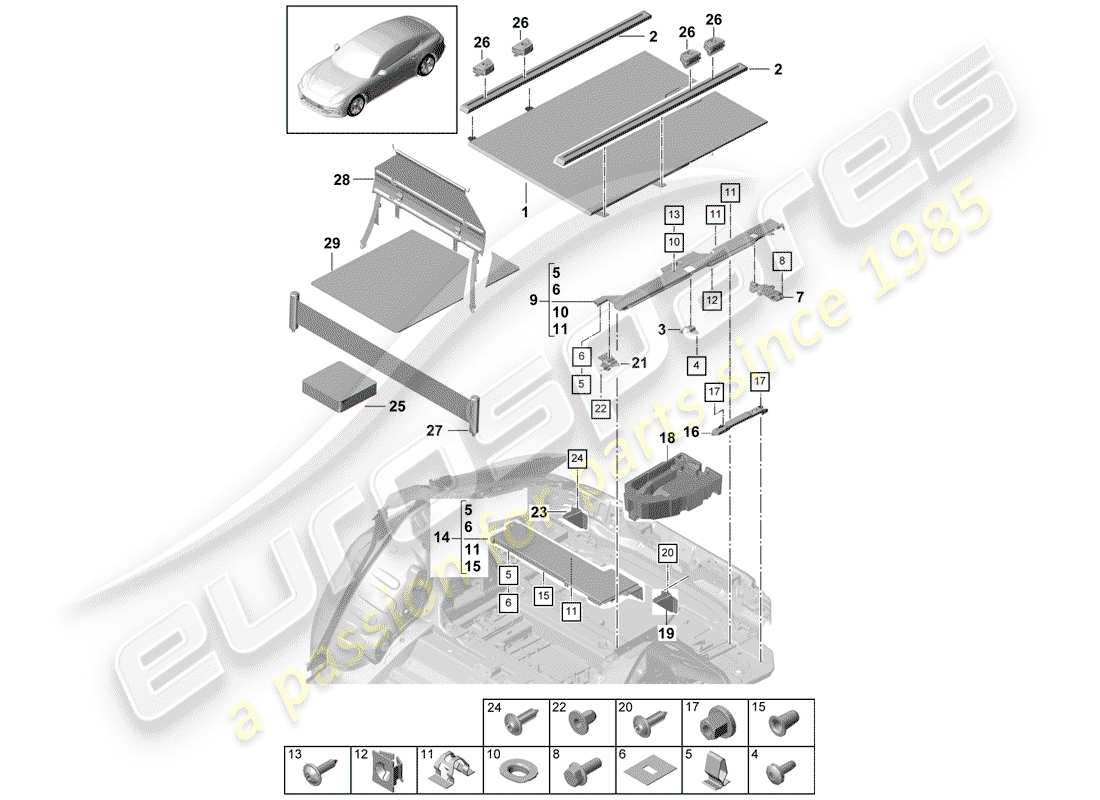 porsche panamera 971 (2017) revestimientos del maletero diagrama de piezas
