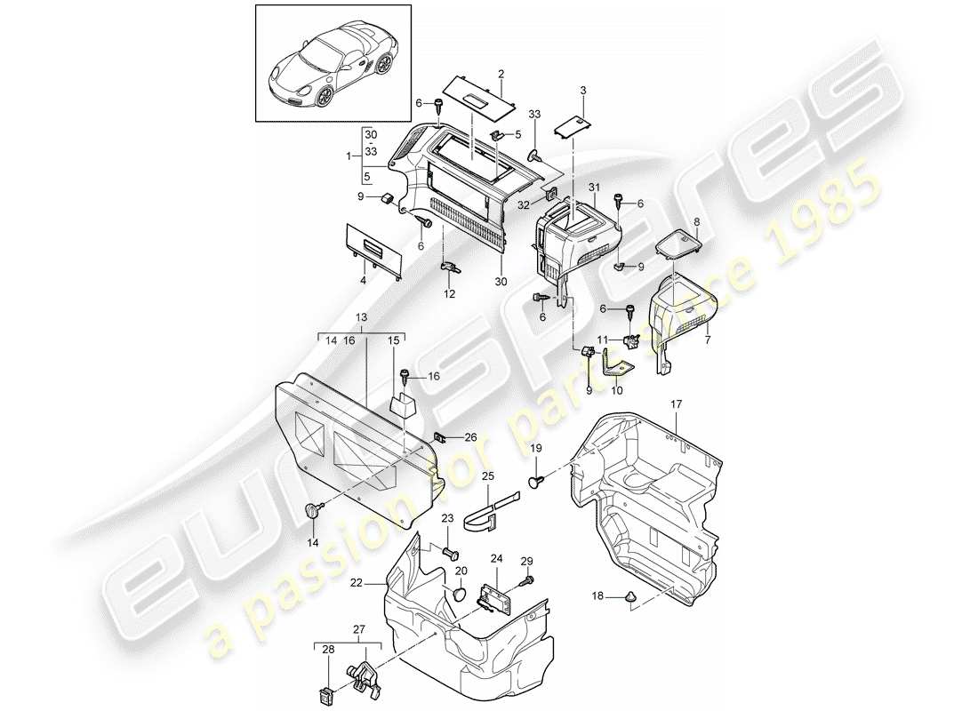 porsche 2010 (987 boxster) diagrama de piezas del compartimiento de equipaje