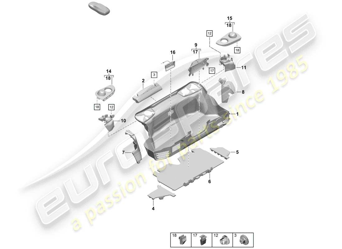 porsche 2019 (718 boxster spyder) diagrama de piezas del revestimiento de carga