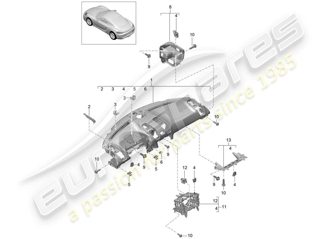 porsche 2017 (718 cayman) moldura del panel de instrumentos diagrama de piezas