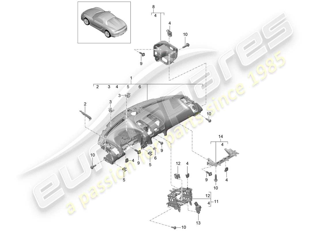 porsche 2016 (981 boxster spyder) diagrama de piezas del embellecedor del panel de instrumentos