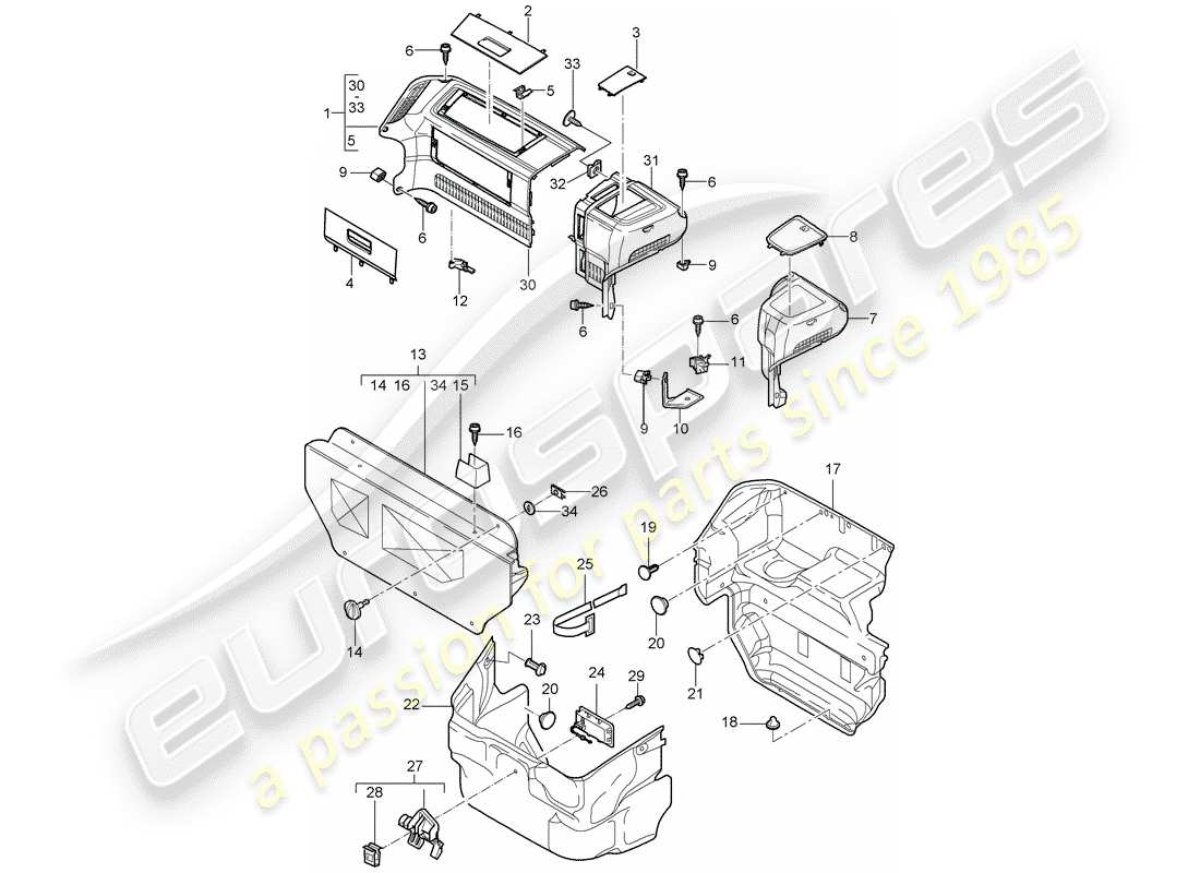 porsche 2007 (987 cayman) compartimiento de equipaje diagrama de piezas
